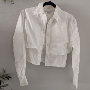 White Boxy Cropped Button Down Shirt